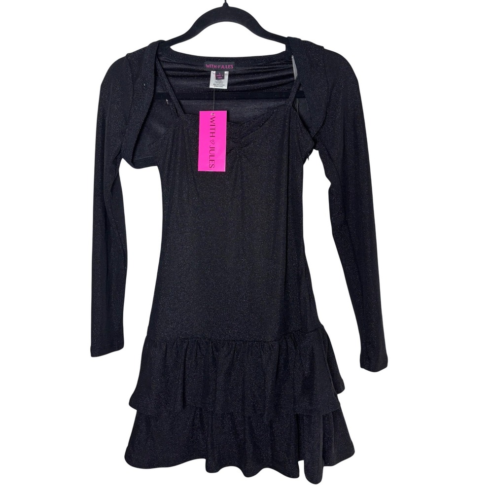 With Jules Girls Black Shimmer 2-Piece Dress and Shrug ruffled Set  Large NWT